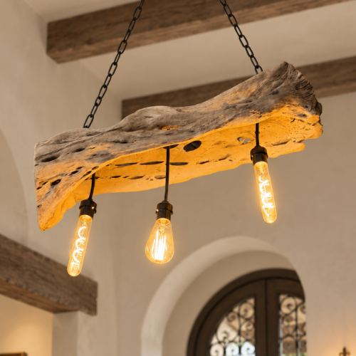 Three-Light Cactus Wood Chandelier
