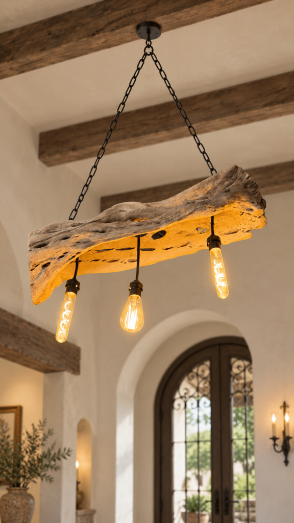 Three-Light Cactus Wood Chandelier