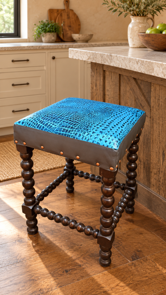 Turquoise Croc Leather Stool