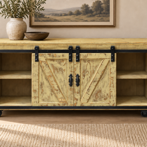 Weathered Greige Sliding Door Console Table