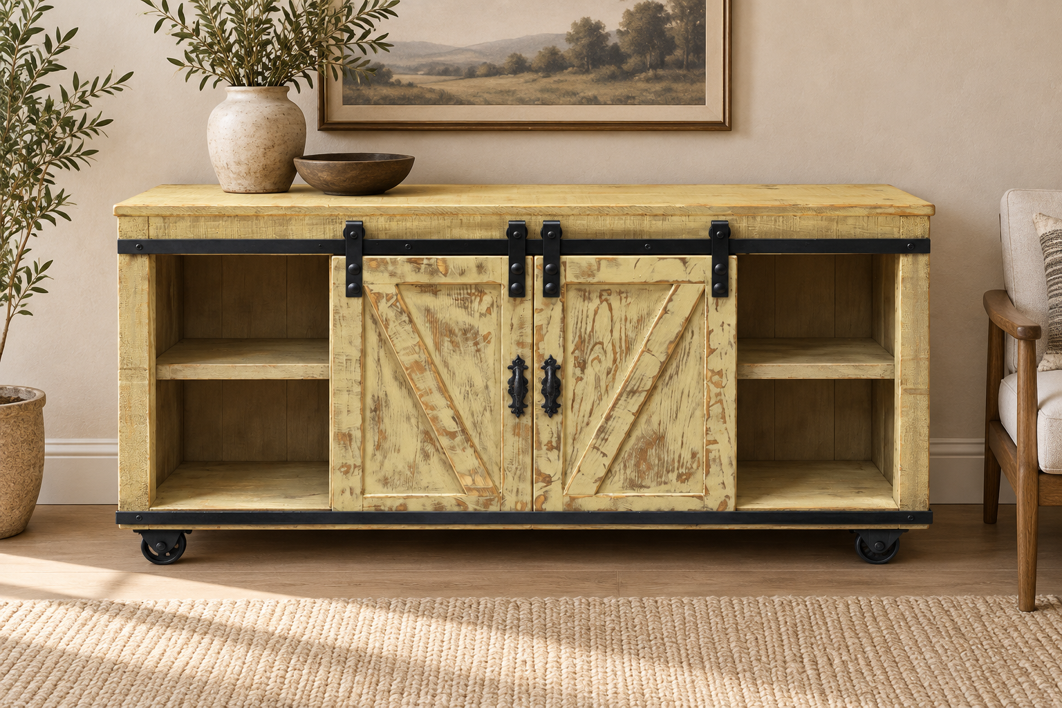 Weathered Greige Sliding Door Console Table