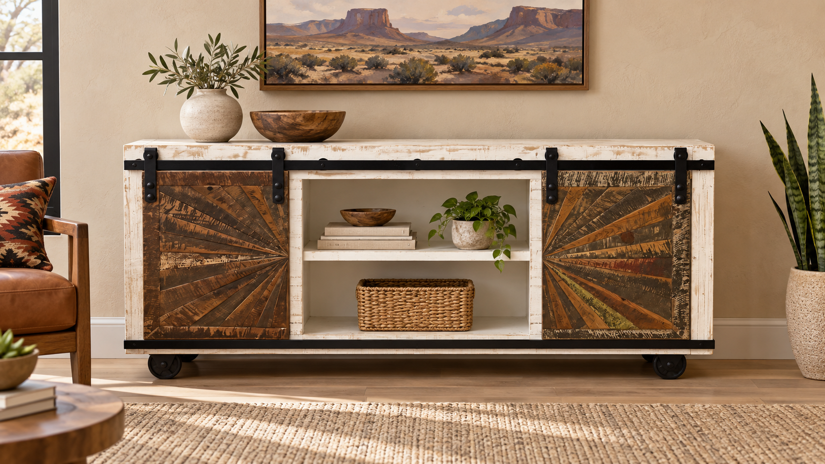 White Wash Sliding Door Console Table