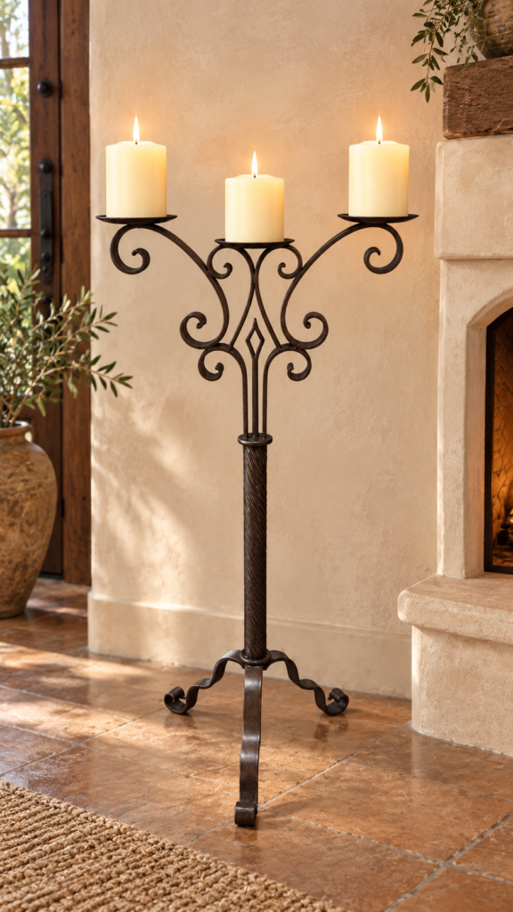 Wrought Iron Three-Arm Floor Candelabra